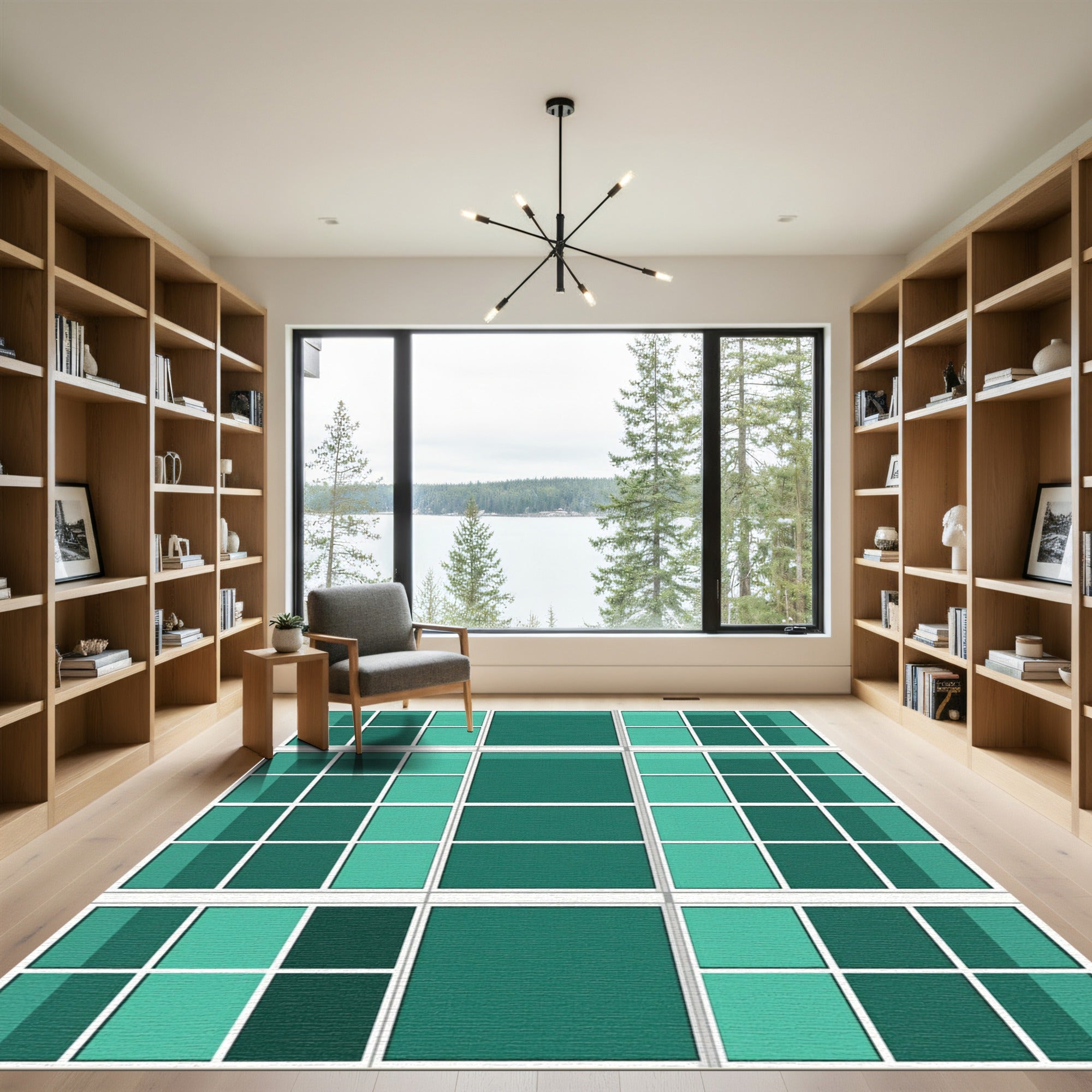 Emerald Teal Geometric Grid Block Rug