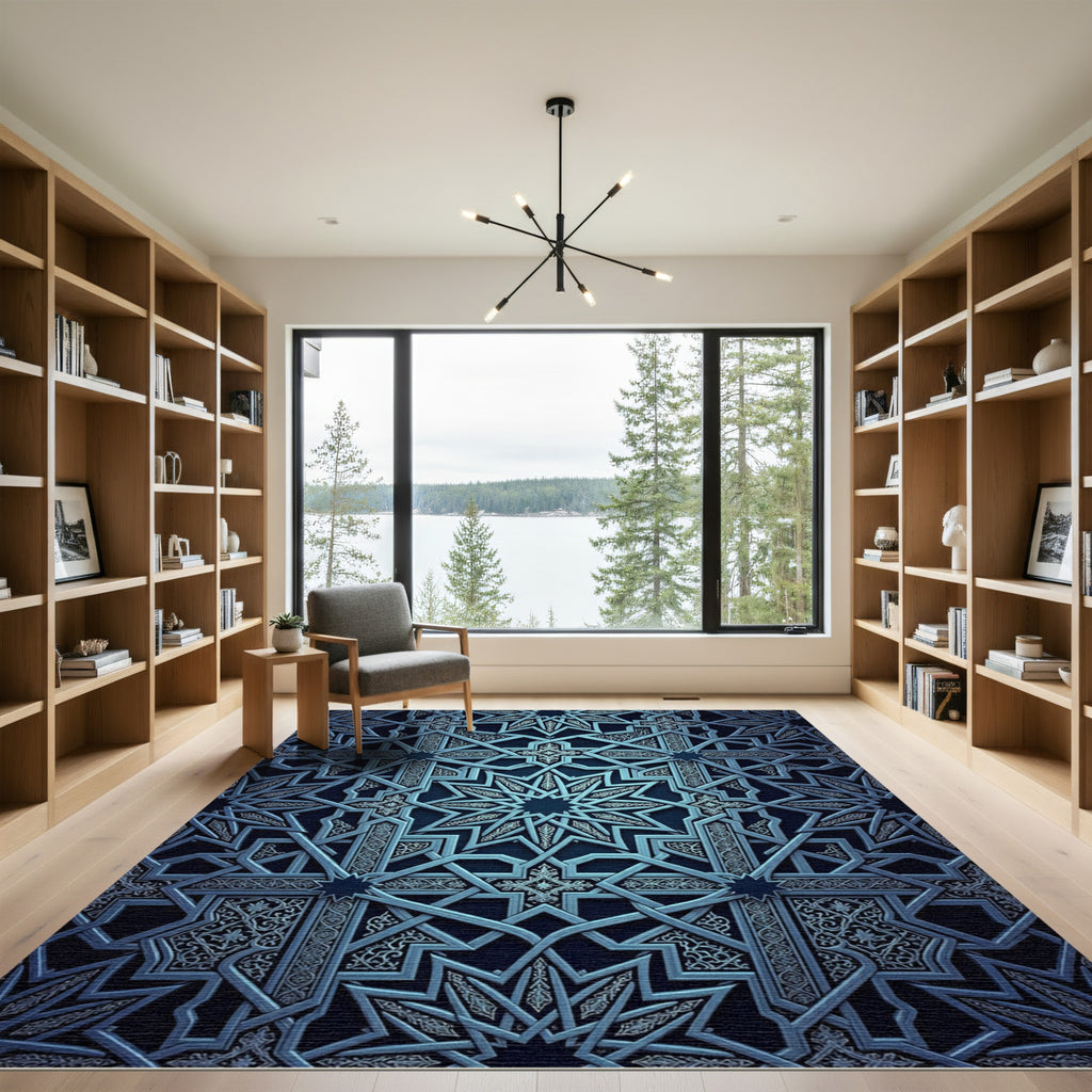 Deep Blue Geometric Starburst Lattice Rug