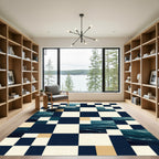 Geometric Ocean Wave Navy Checkerboard Rug