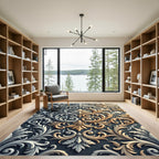 Elegant Silver and Gold Ornate Scroll Rug