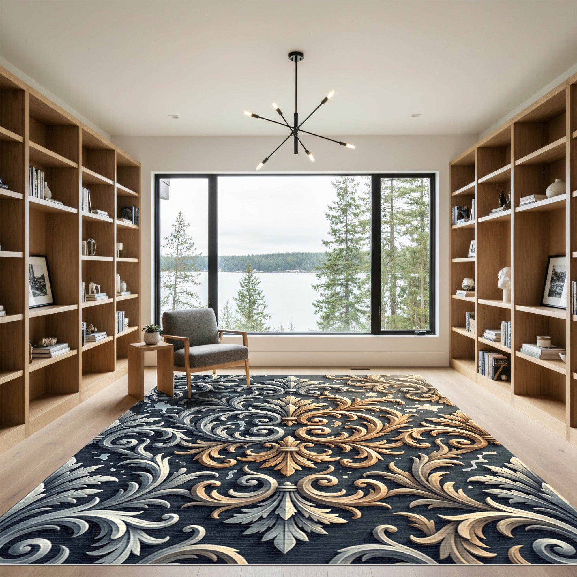 Elegant Silver and Gold Ornate Scroll Rug