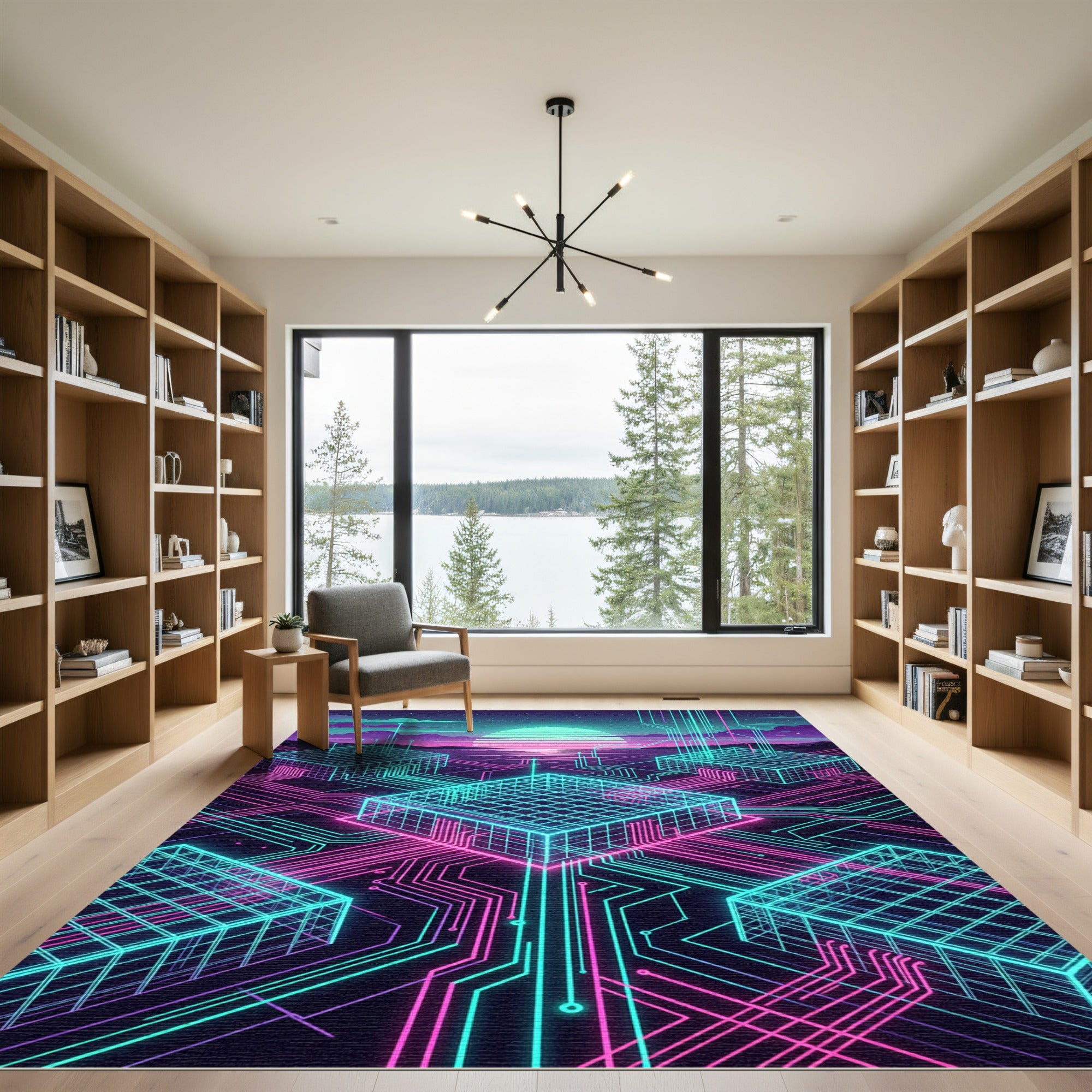 Neon Synthwave Cyber Grid Circuit Art Rug