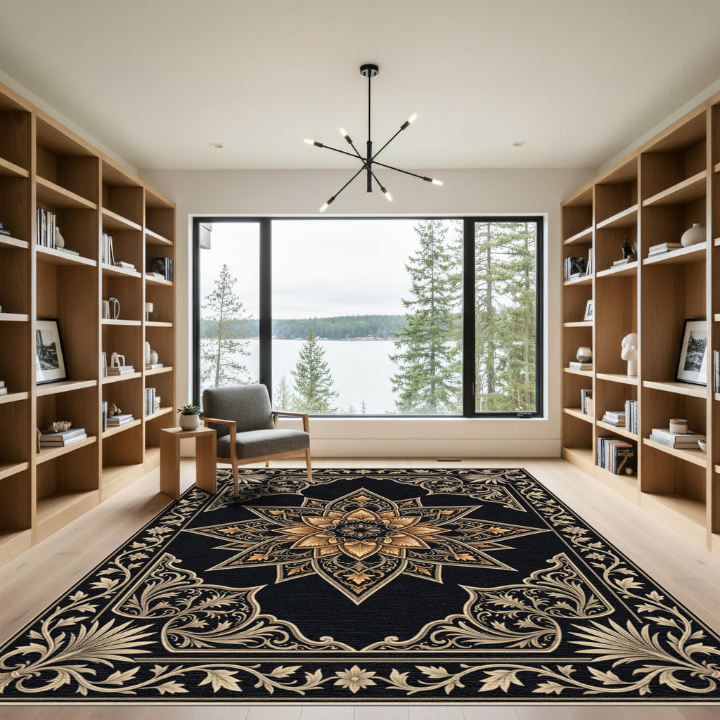 Ornate Gold Black Floral Medallion Rug