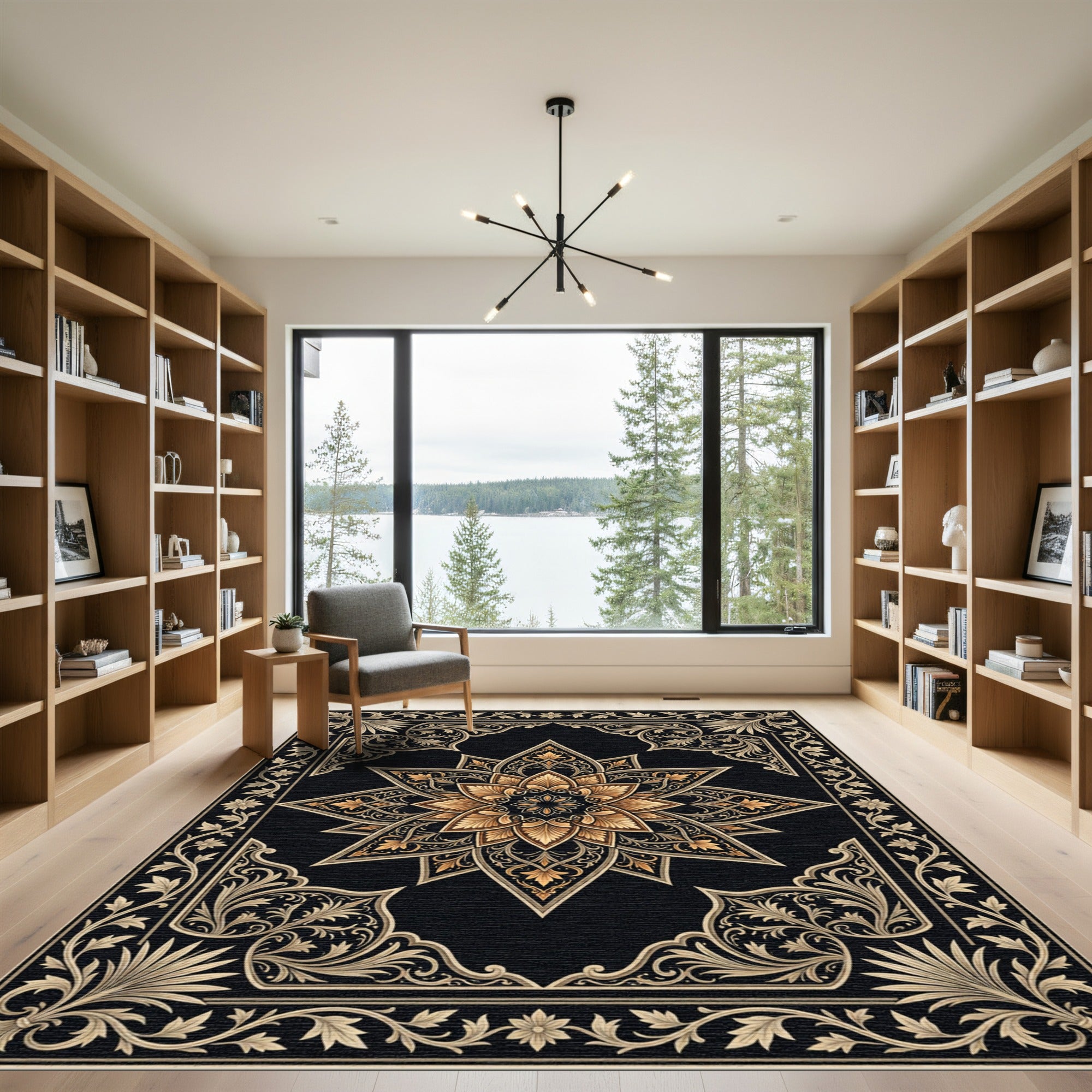 Ornate Gold Black Floral Medallion Rug