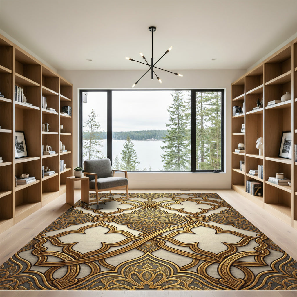 Elegant Gold Ornate Arabesque Filigree Rug