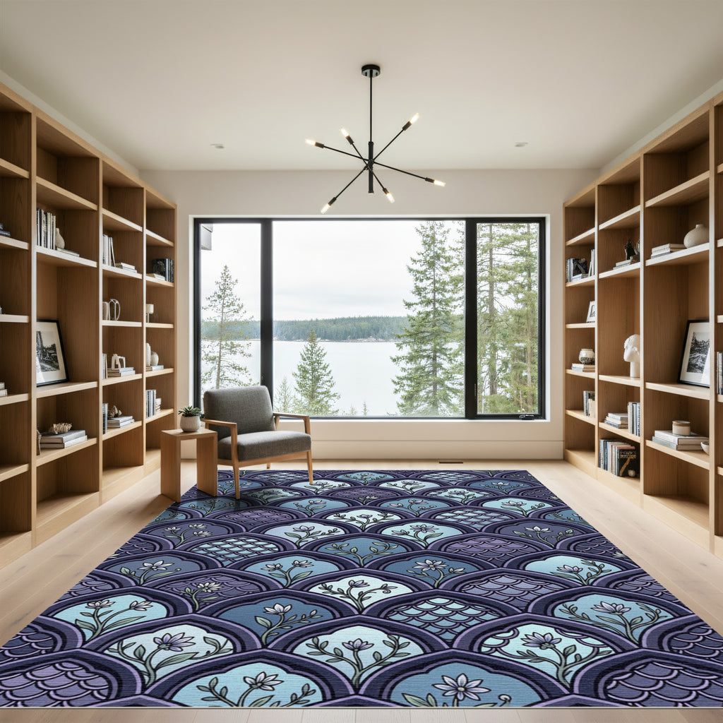 Indigo Floral Scalloped Arch Tile Rug