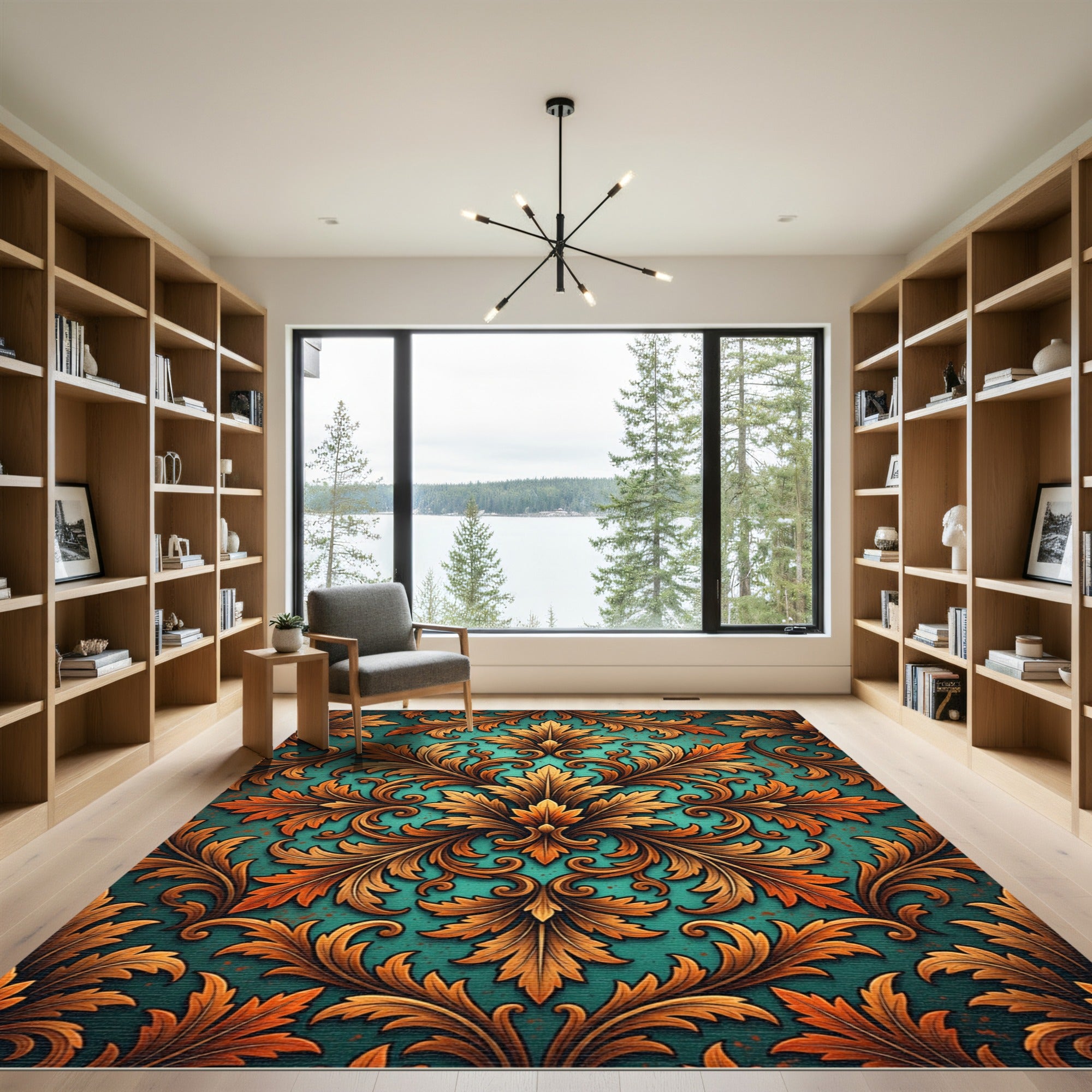 Ornate Golden Acanthus Teal Damask Rug
