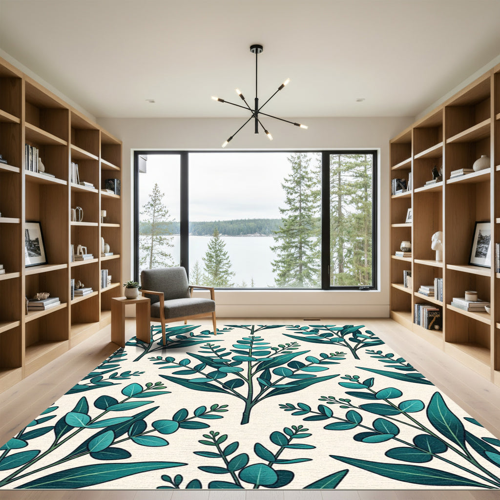Lush Teal Eucalyptus Leaf Botanical Rug