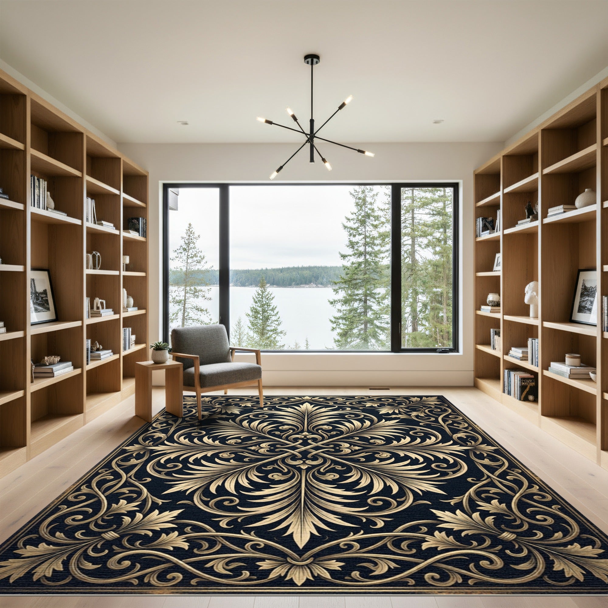 Elegant Gold Damask Scroll Black Tapestry Rug