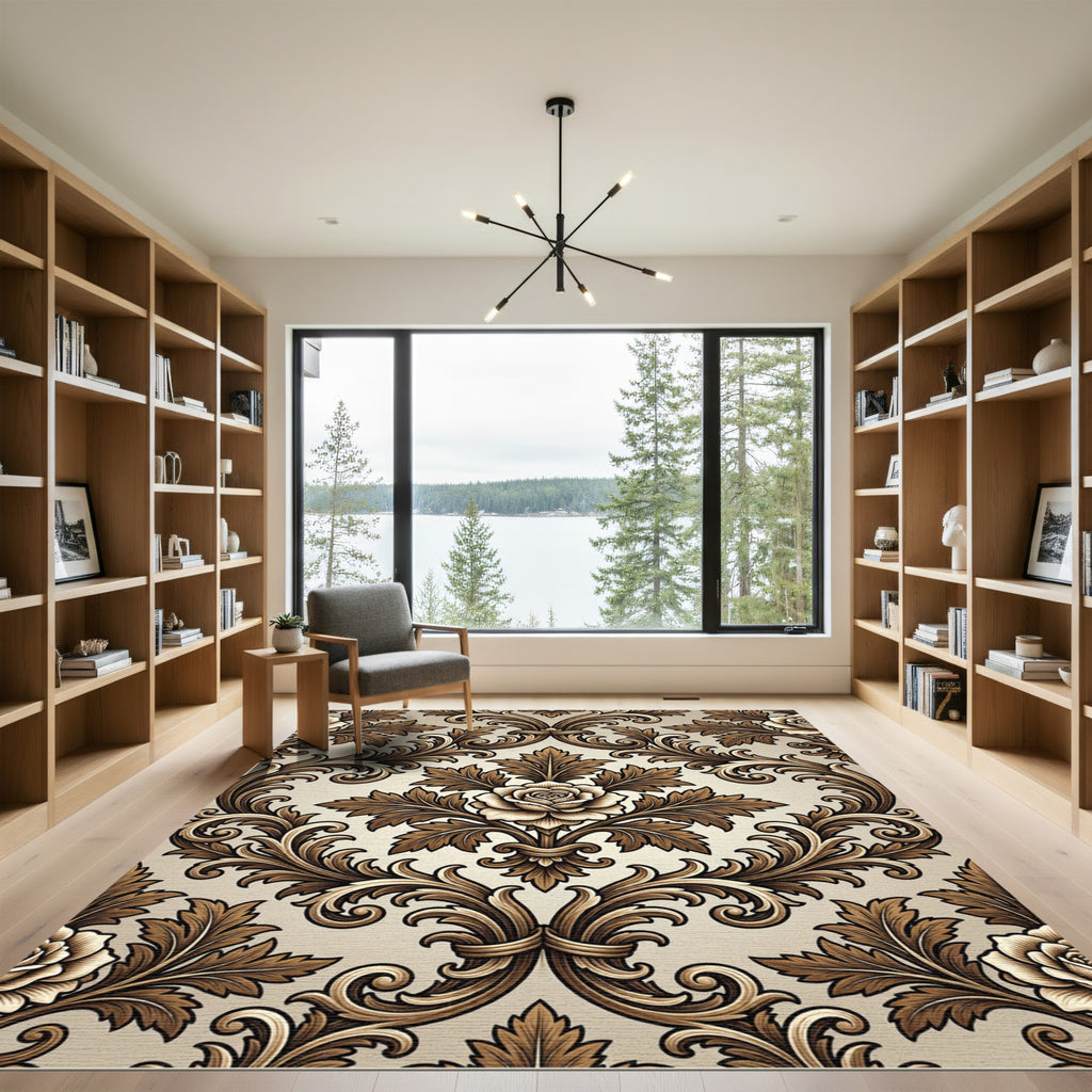 Elegant Brown Damask Floral Scroll Rug