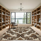 Elegant Brown Damask Floral Scroll Rug