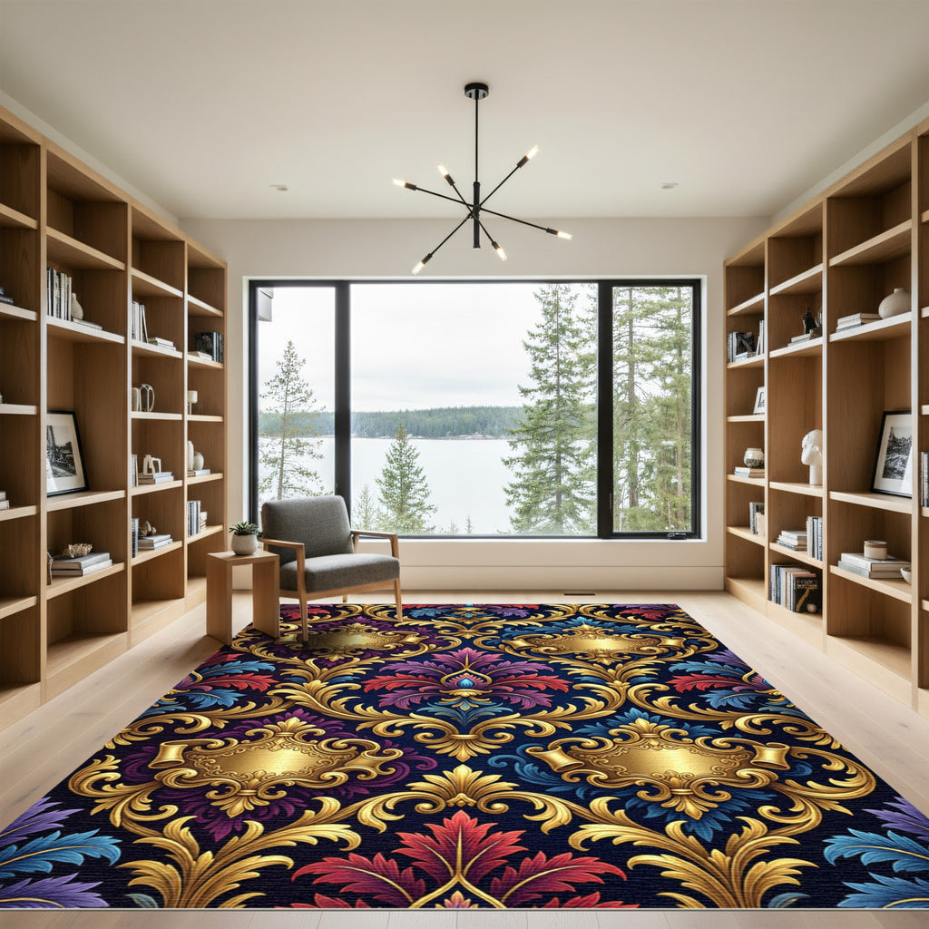 Regal Gold Damask Navy Scroll Foliage Rug