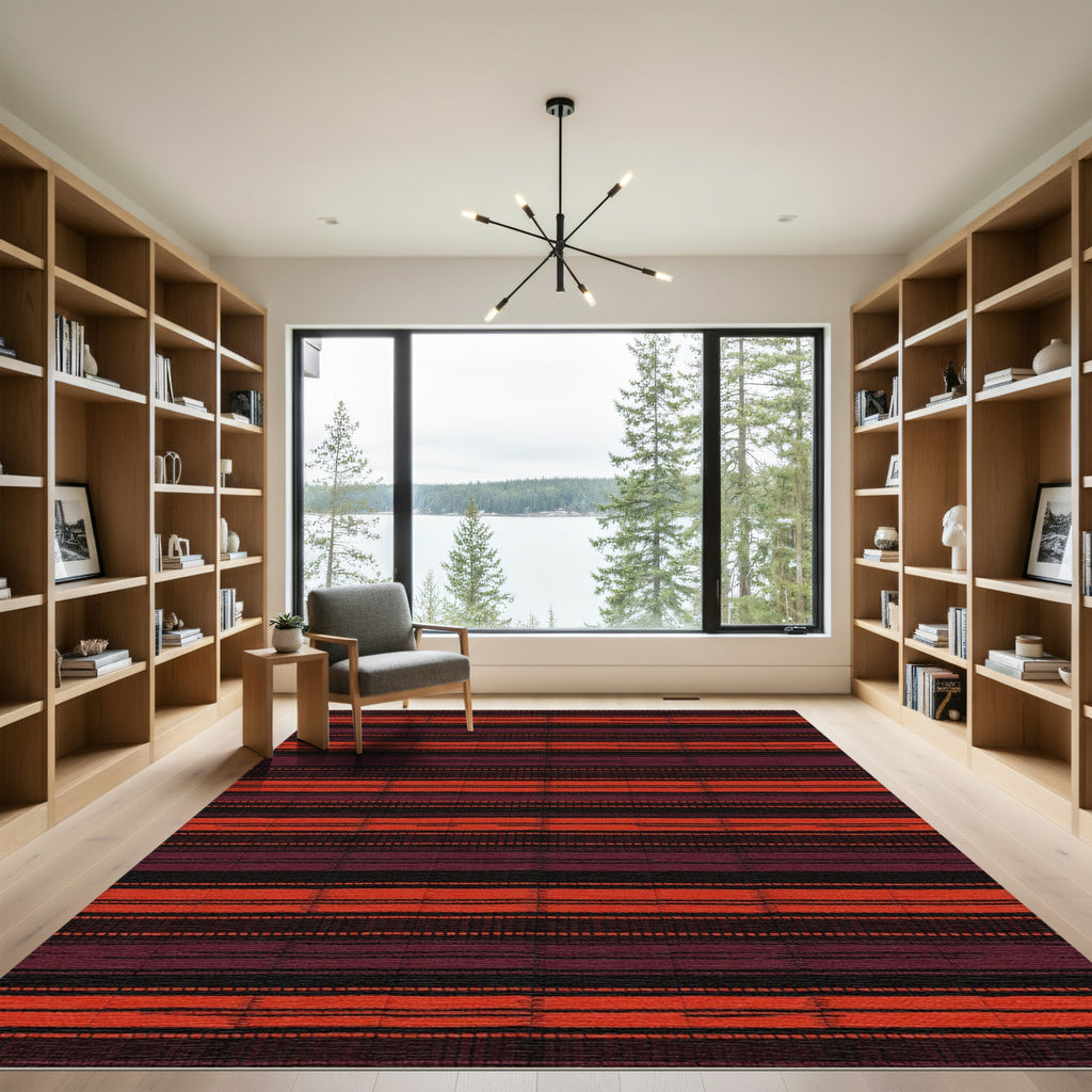 Deep Red Orange Horizontal Stripe Rug