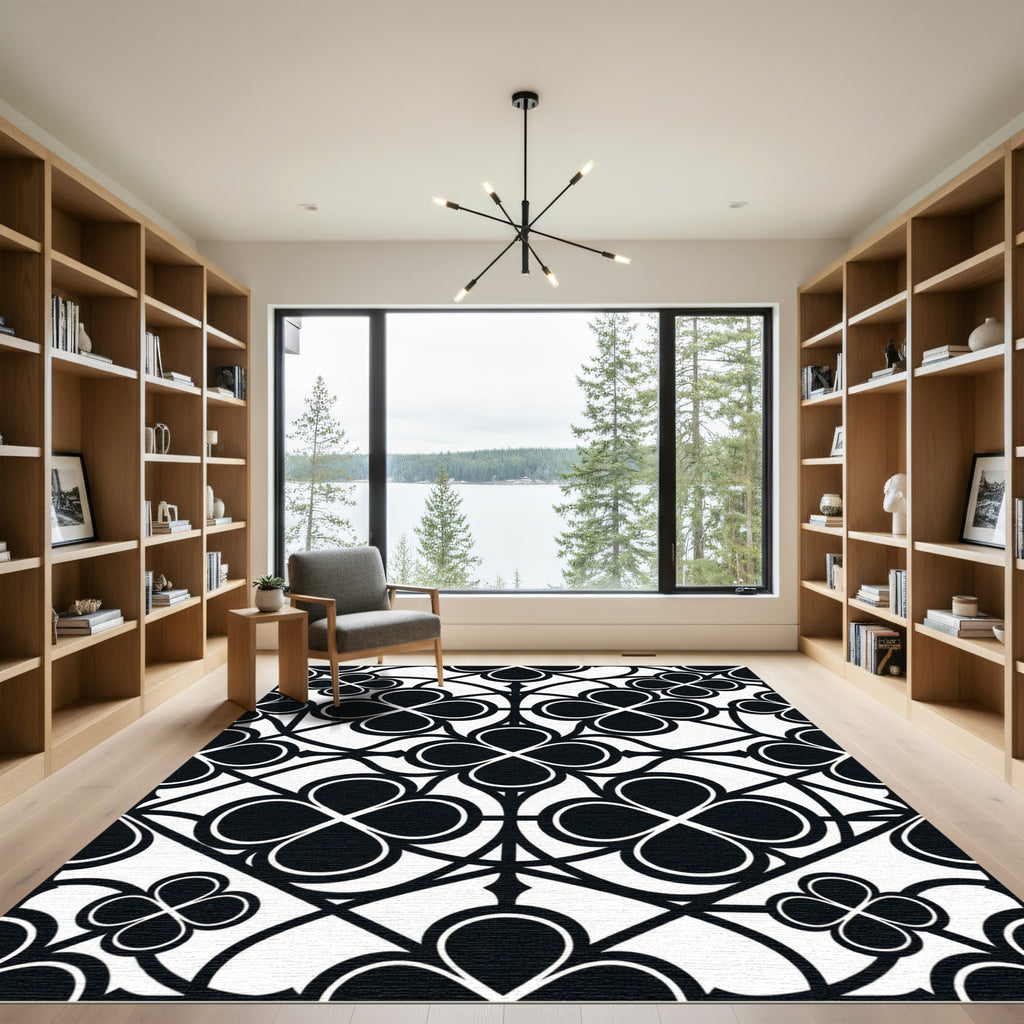 Monochrome Gothic Quatrefoil Geometric Tile Rug