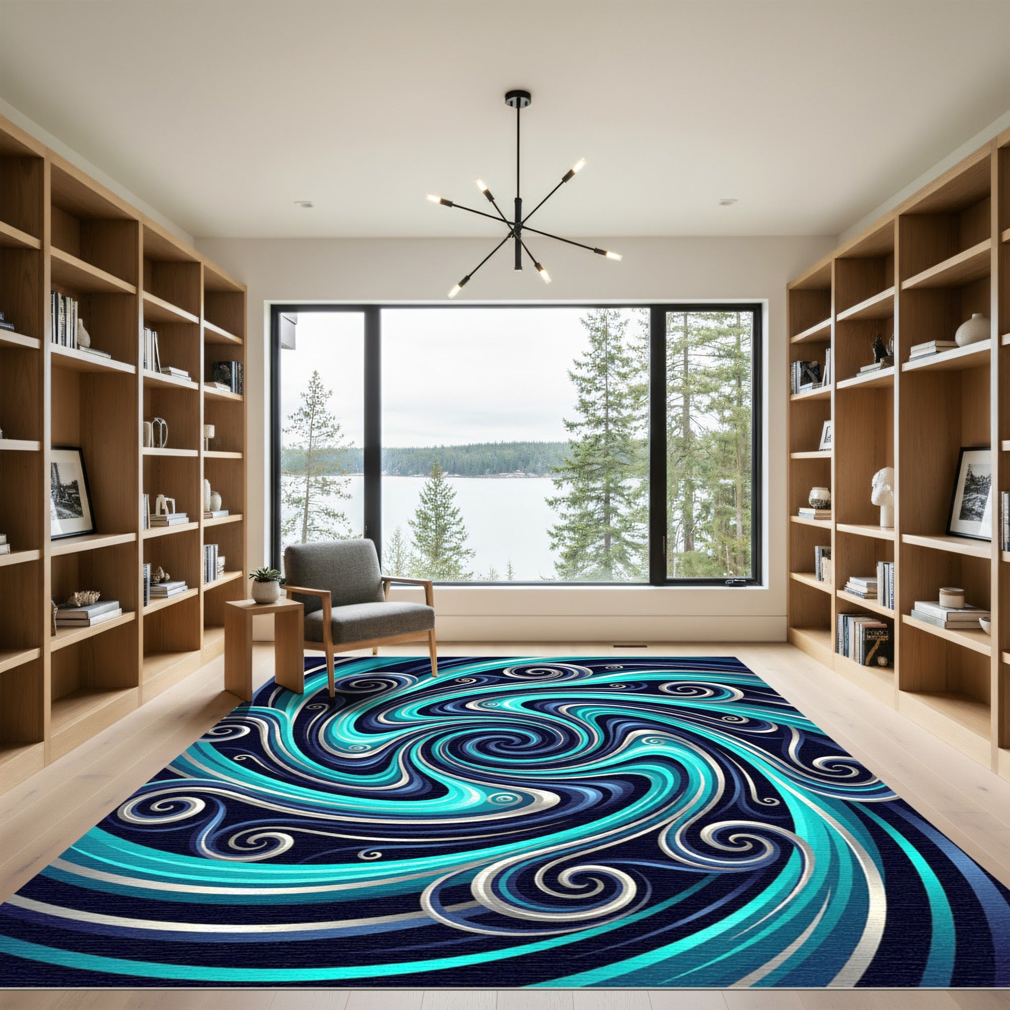 Vibrant Teal Swirling Ocean Abstract Rug