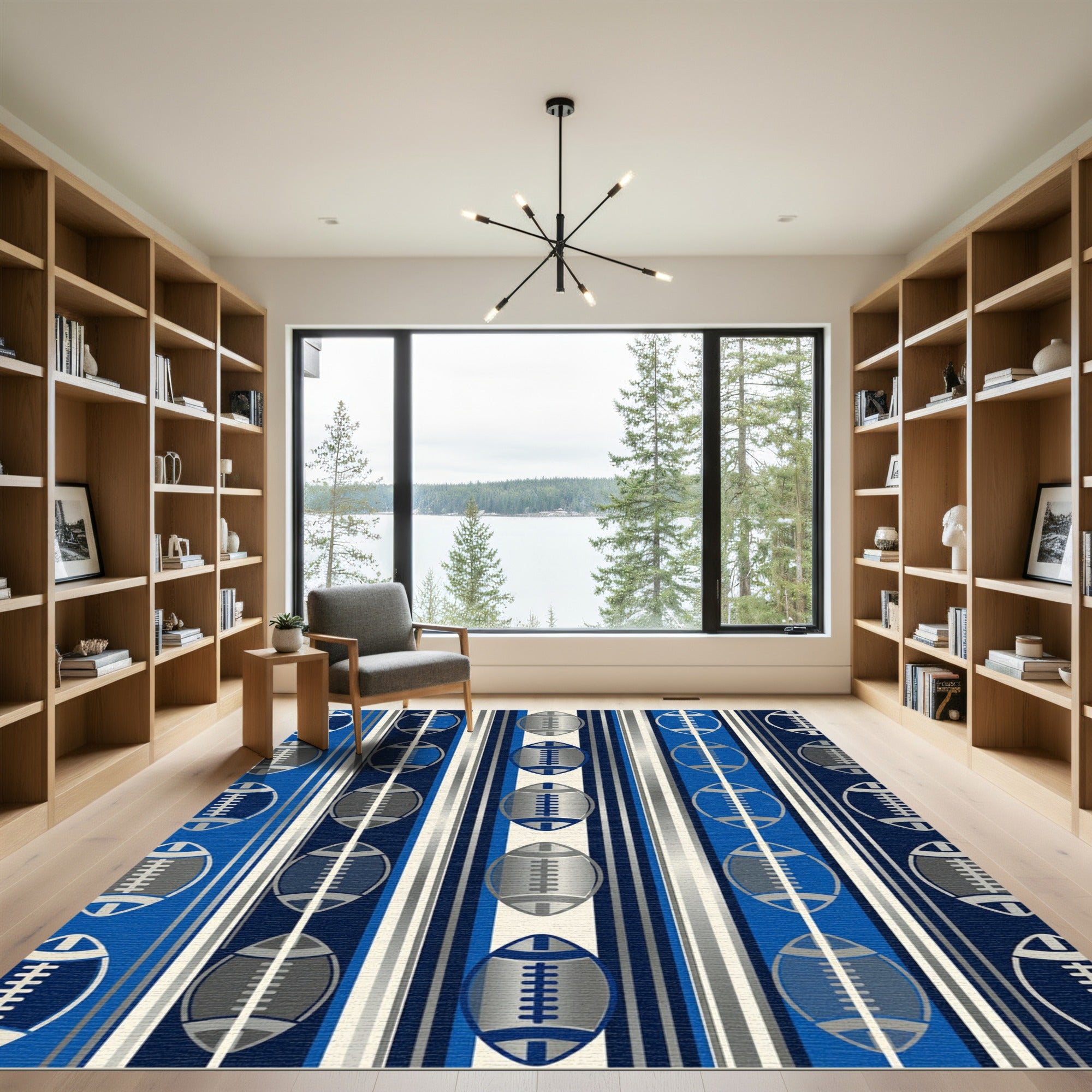 Modern Blue Silver Football Stripe Rug