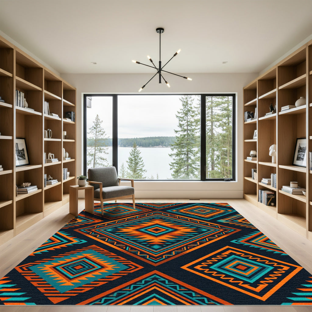 Vibrant Orange Teal Geometric Diamond Rug