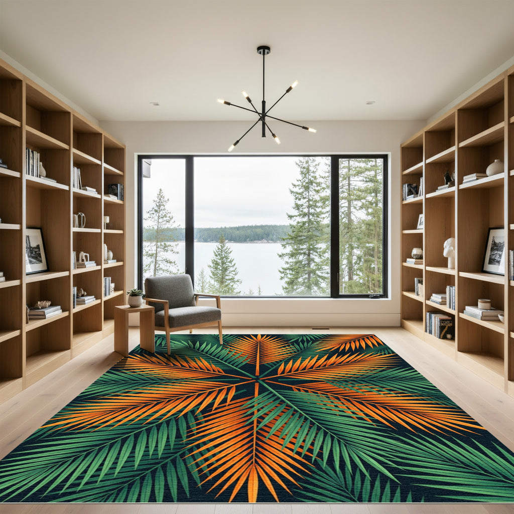 Vibrant Tropical Palm Leaf Sunburst Rug