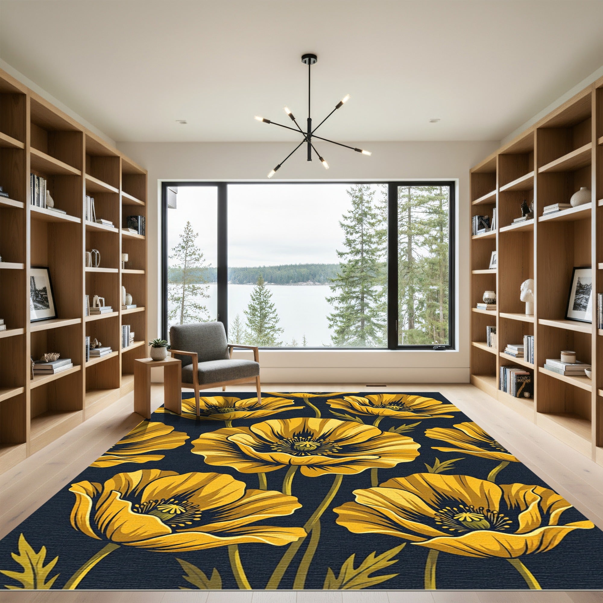 Golden Poppy Floral Dark Botanical Rug