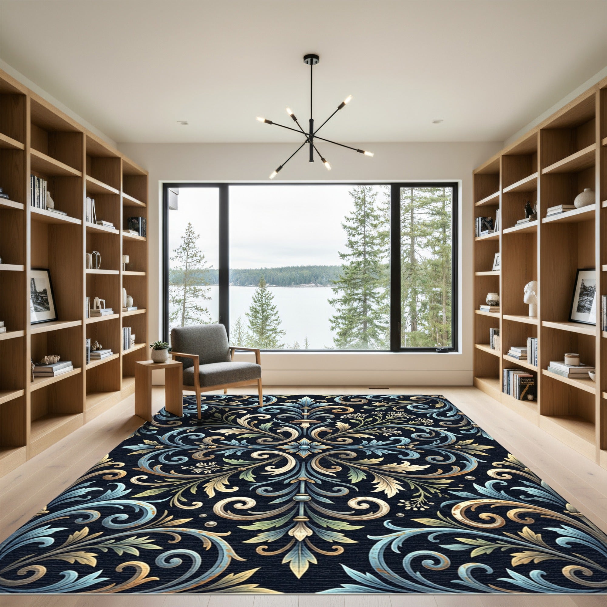 Ornate Black Floral Accented Swirls Rug