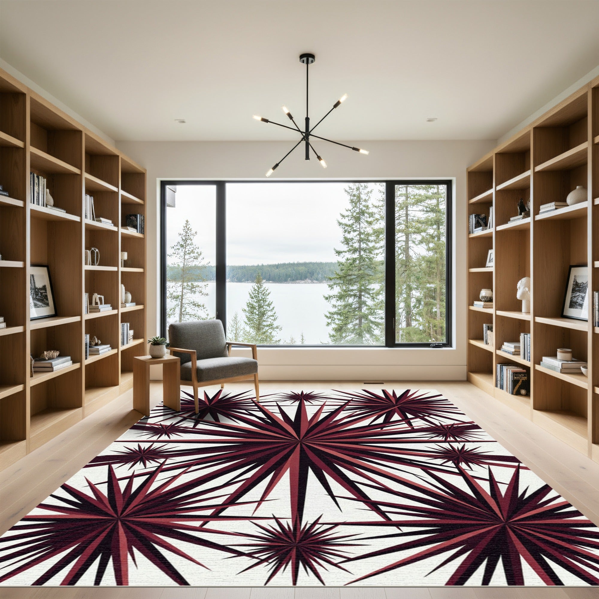 Dark Crimson Geometric Sunburst Art Rug