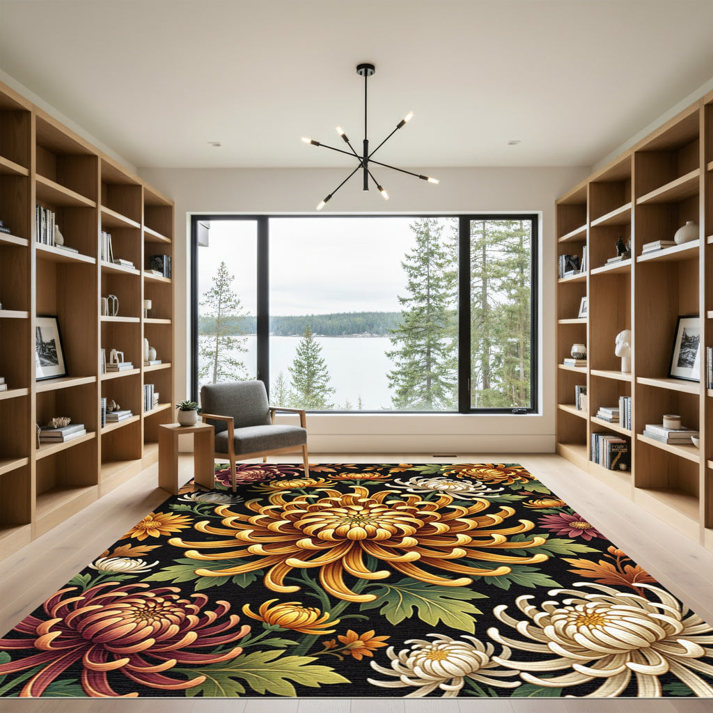 Golden Chrysanthemum Floral Black Botanical Rug
