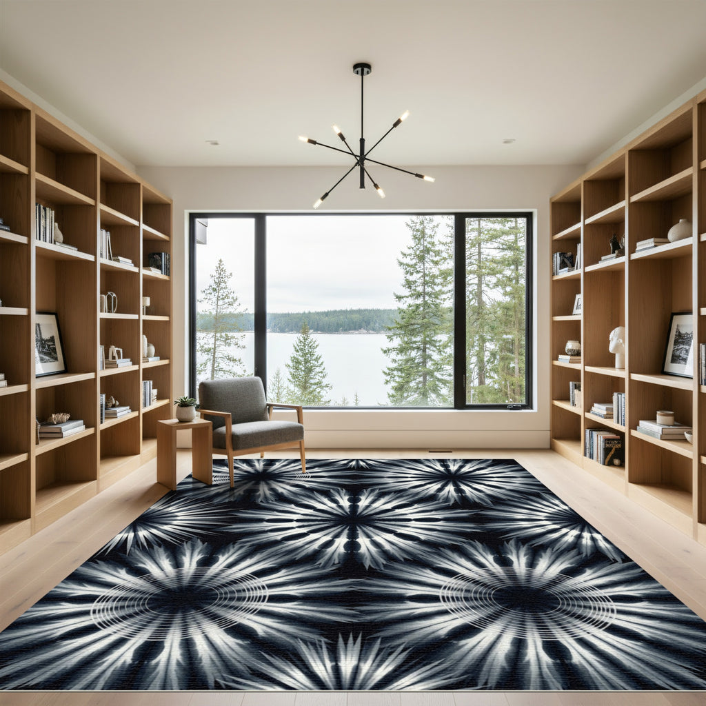 Monochrome Celestial Bloom Radial Art Rug