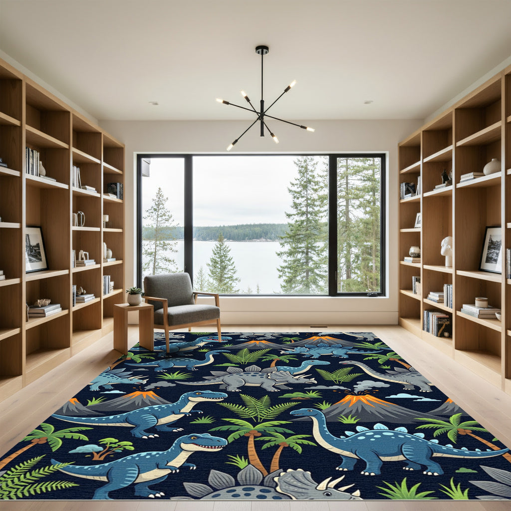Playful Blue Dinosaur Volcano Tropical Landscape Rug