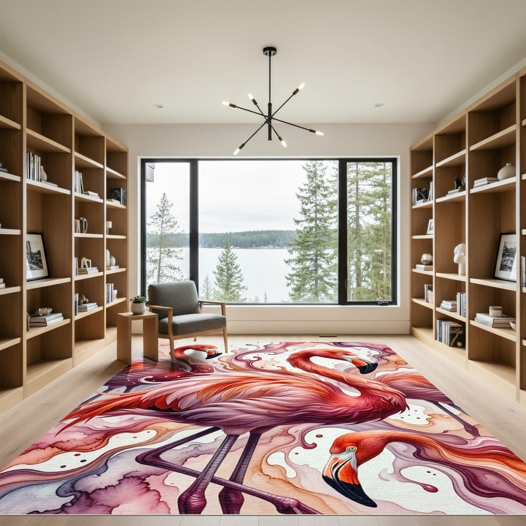 Vibrant Watercolor Flamingo Aquatic Swirl Rug