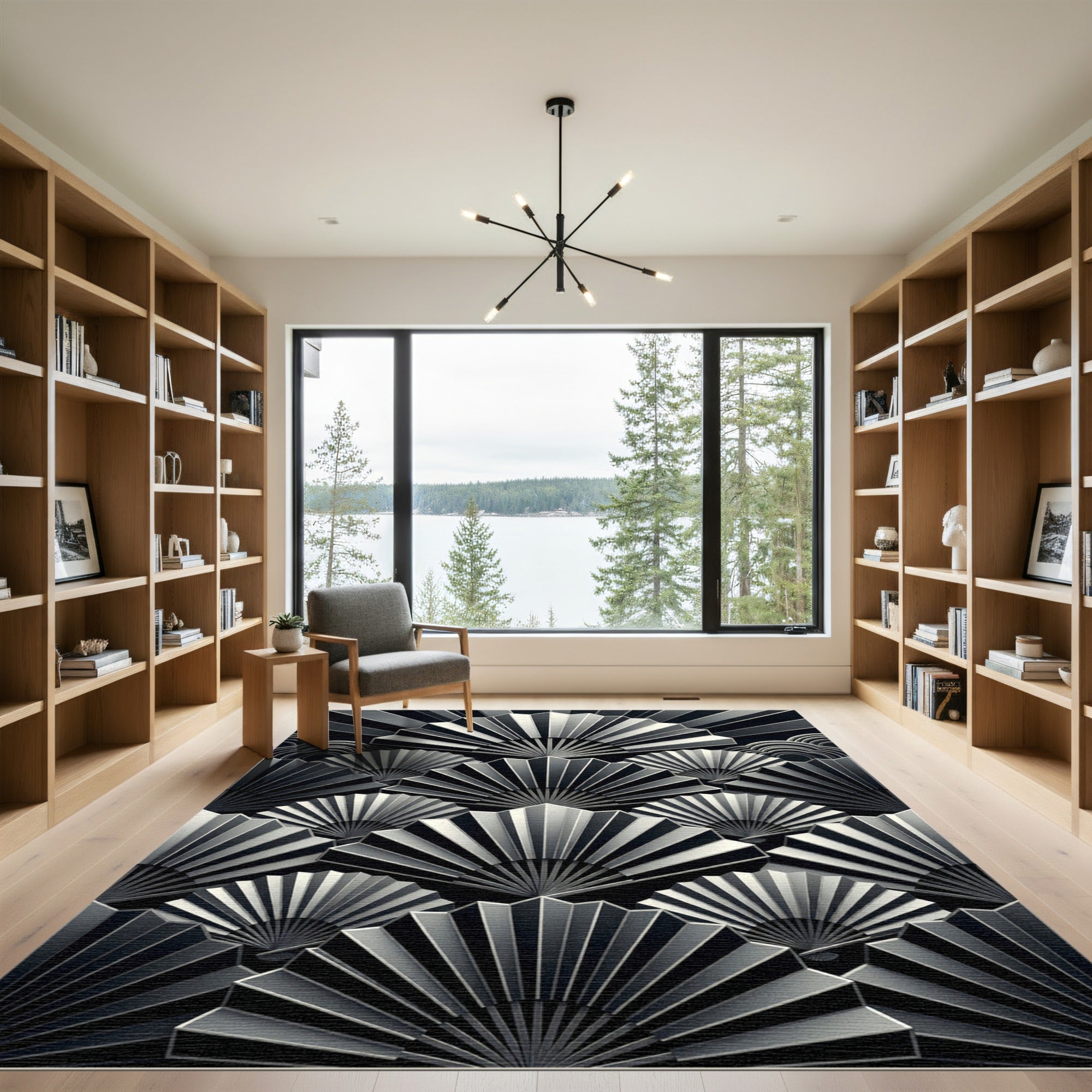 Monochrome Art Deco Fan Geometric Rug