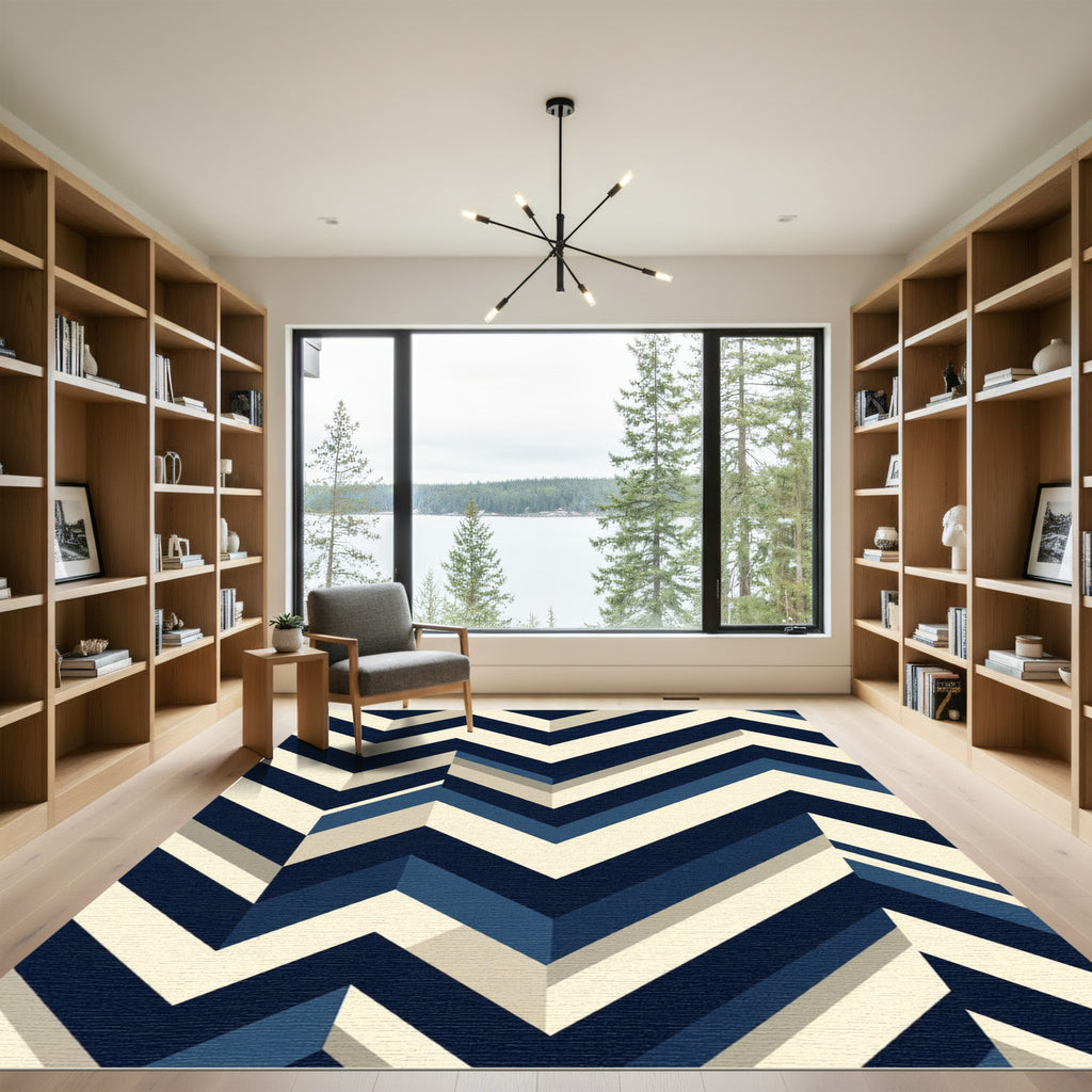 Modern Navy Cream Geometric Chevron Rug