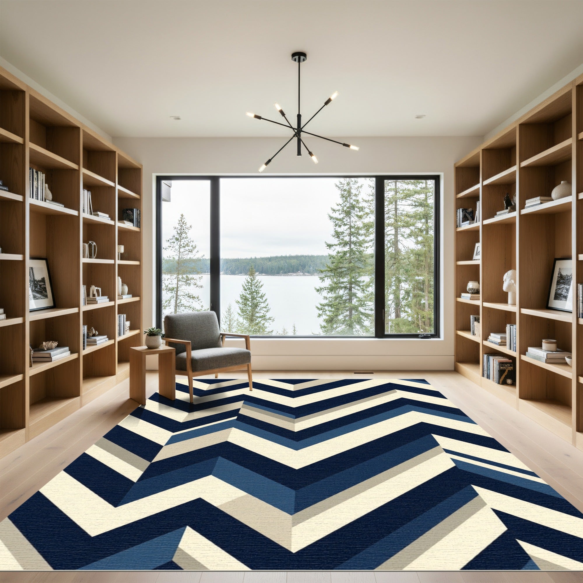 Modern Navy Cream Geometric Chevron Rug