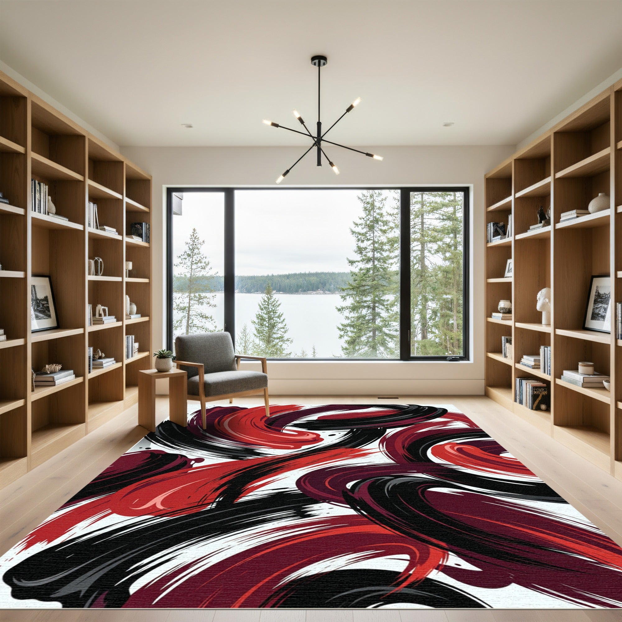 Bold Red and Black Abstract Swirl Rug