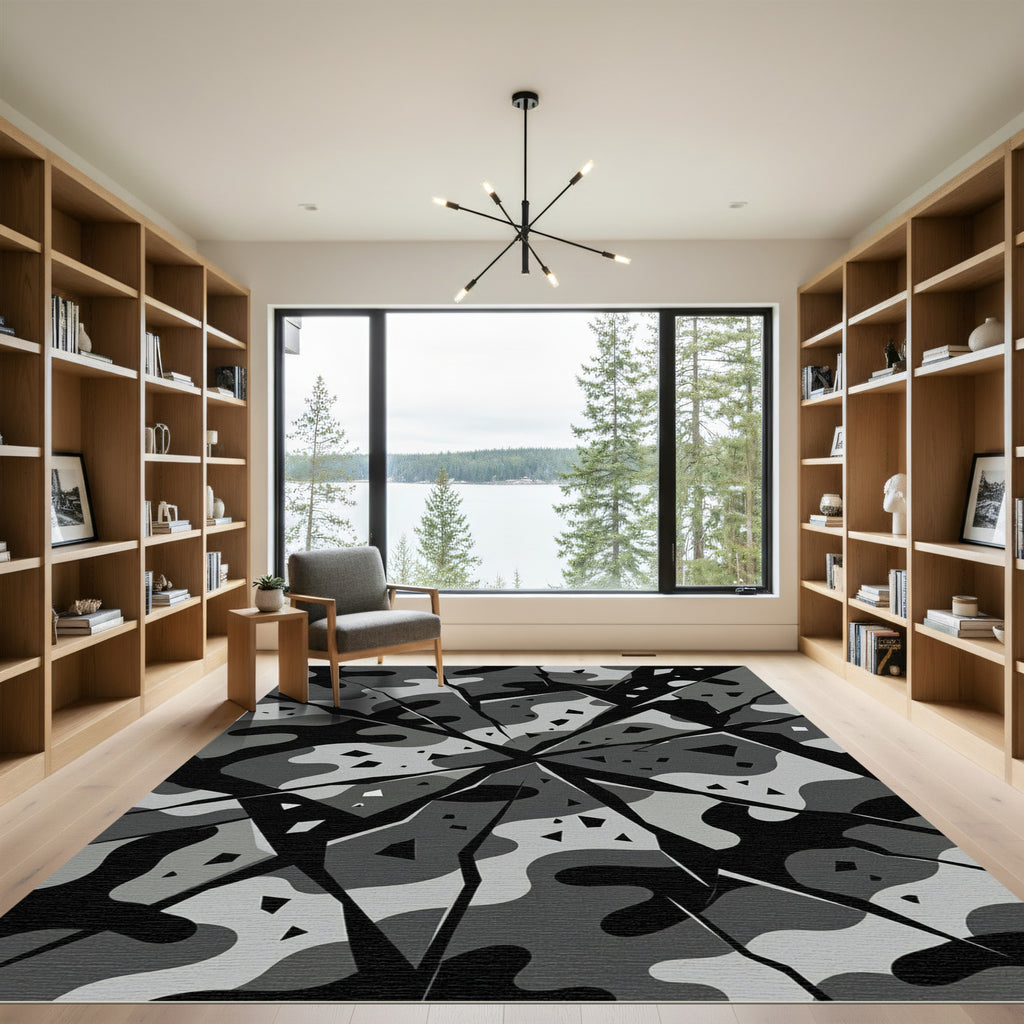Shattered Monochrome Camouflage Fragmented Area Rug