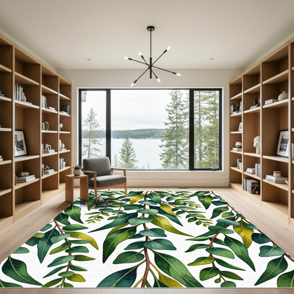 Green Eucalyptus Leaf Branch Pattern Rug