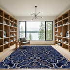 Elegant Midnight Blue Damask Medallion Rug