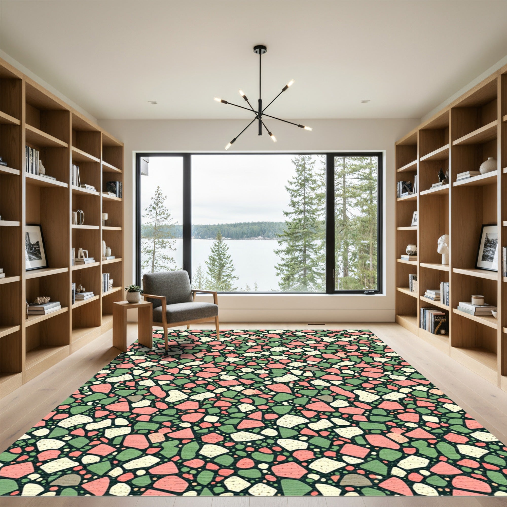 Modern Terrazzo Green and Coral Mosaic Rug