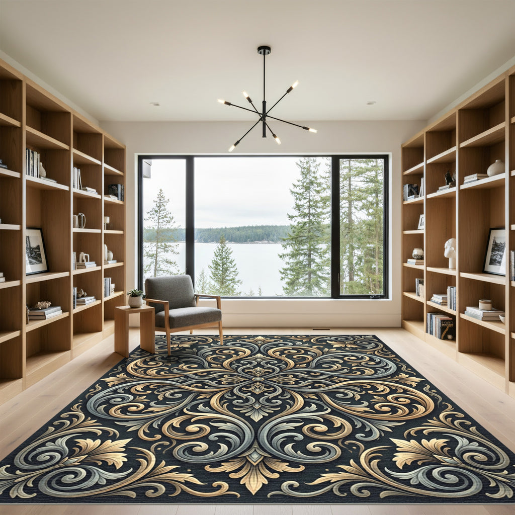 Ornate Gold Silver Scrollwork Rug
