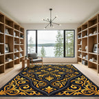 Ornate Gold Floral Black Scroll Rug