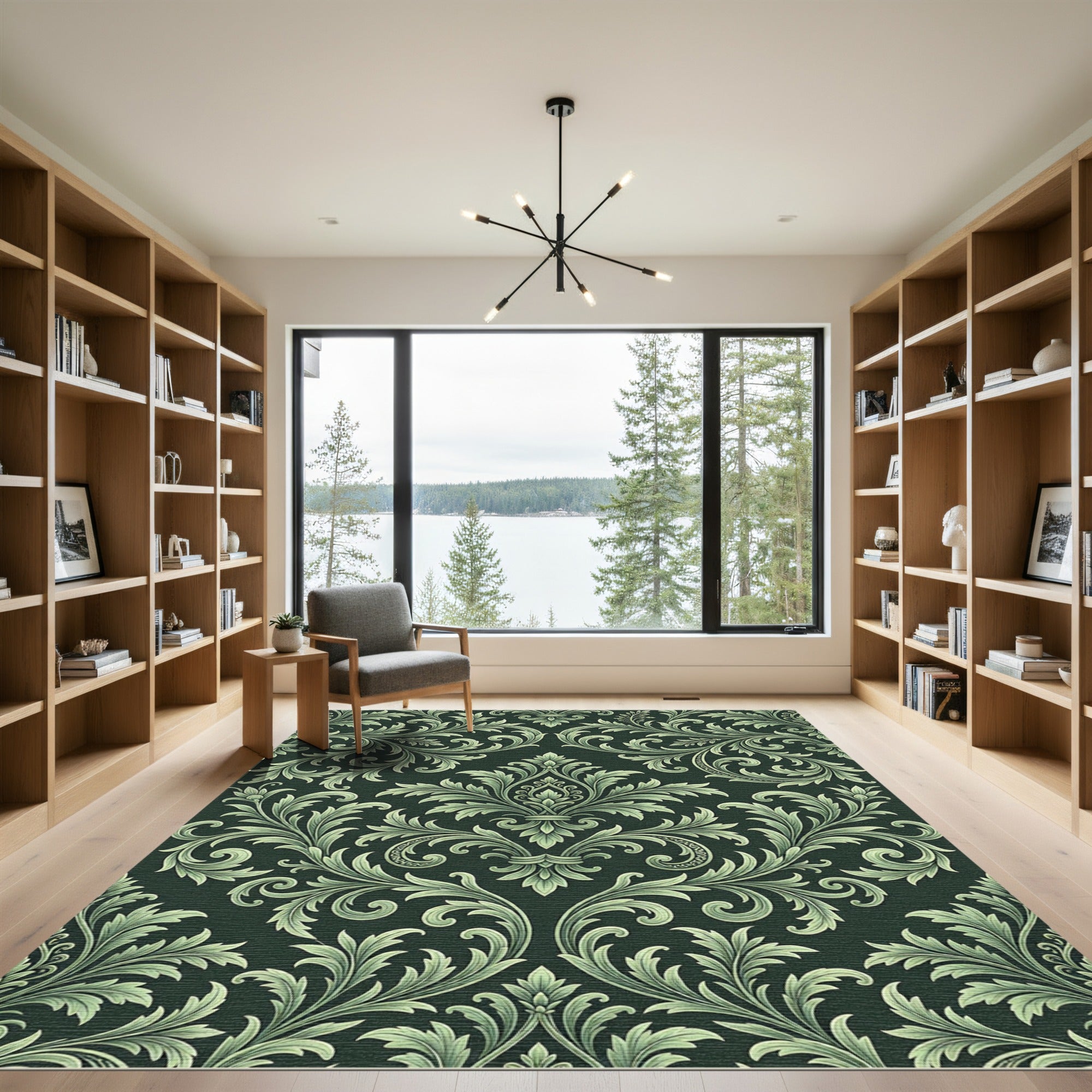 Ornate Sage Green Damask Scroll Rug