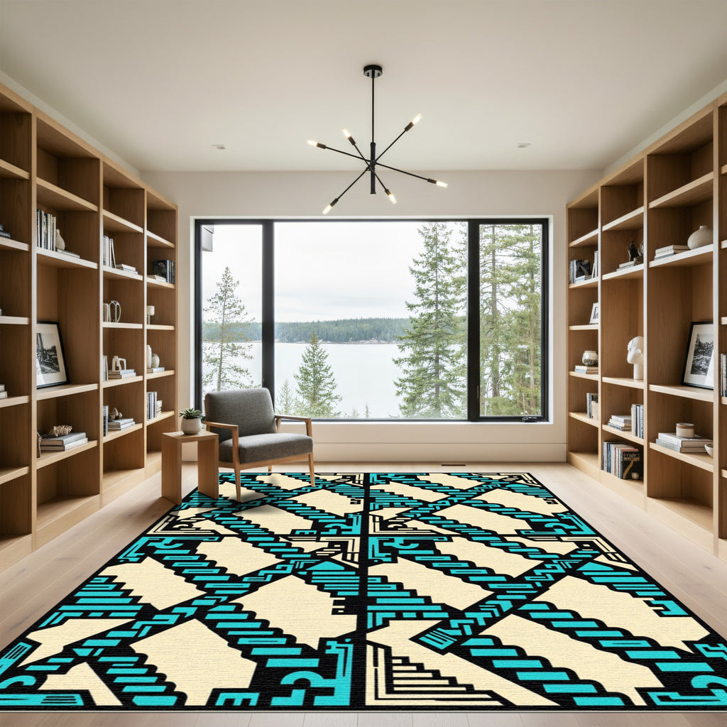 Teal Geometric Staircase Abstract Art Rug