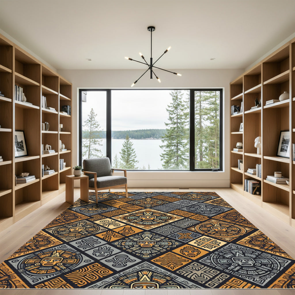 Golden Earth Tone Jaguar Mask Tile Rug
