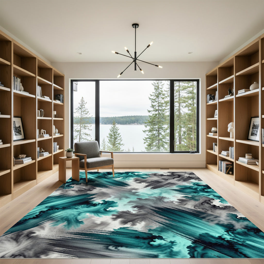 Teal Gray Ink Splash Swirl Rug