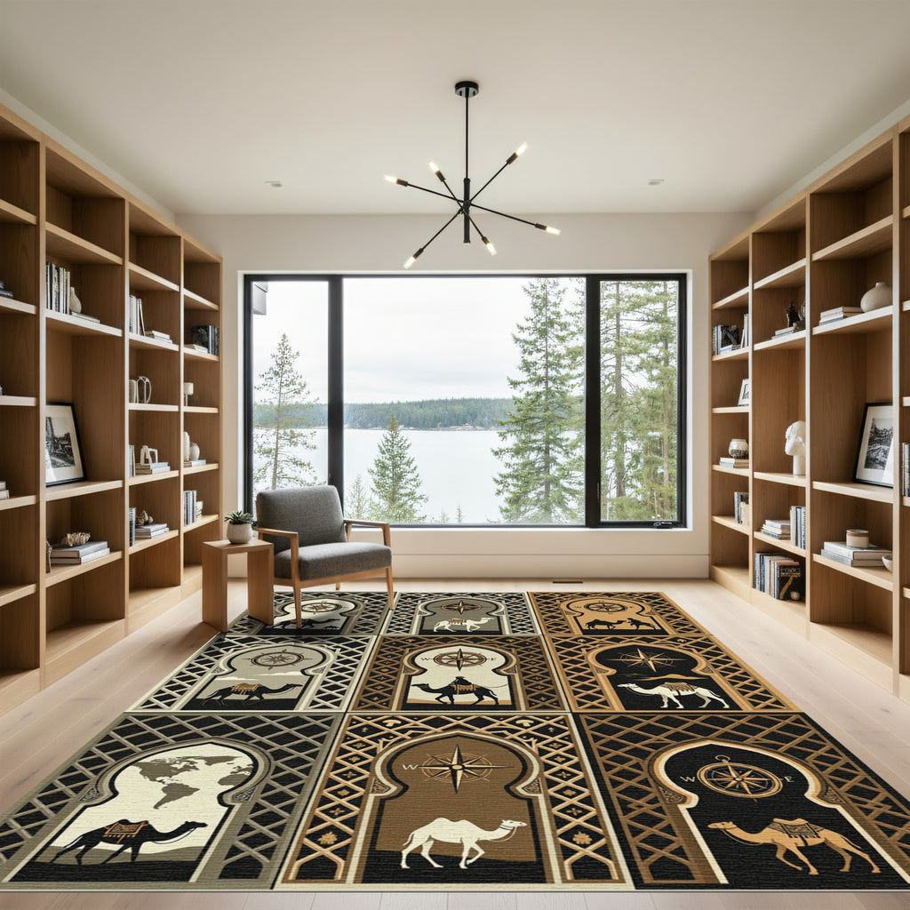 Nomad Camel Compass Grid Tile Art Rug