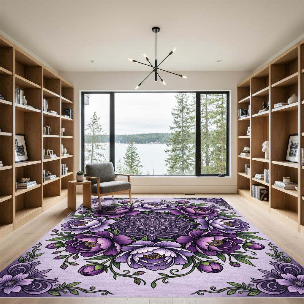 Purple Peonies Botanical Mandala Circle Rug