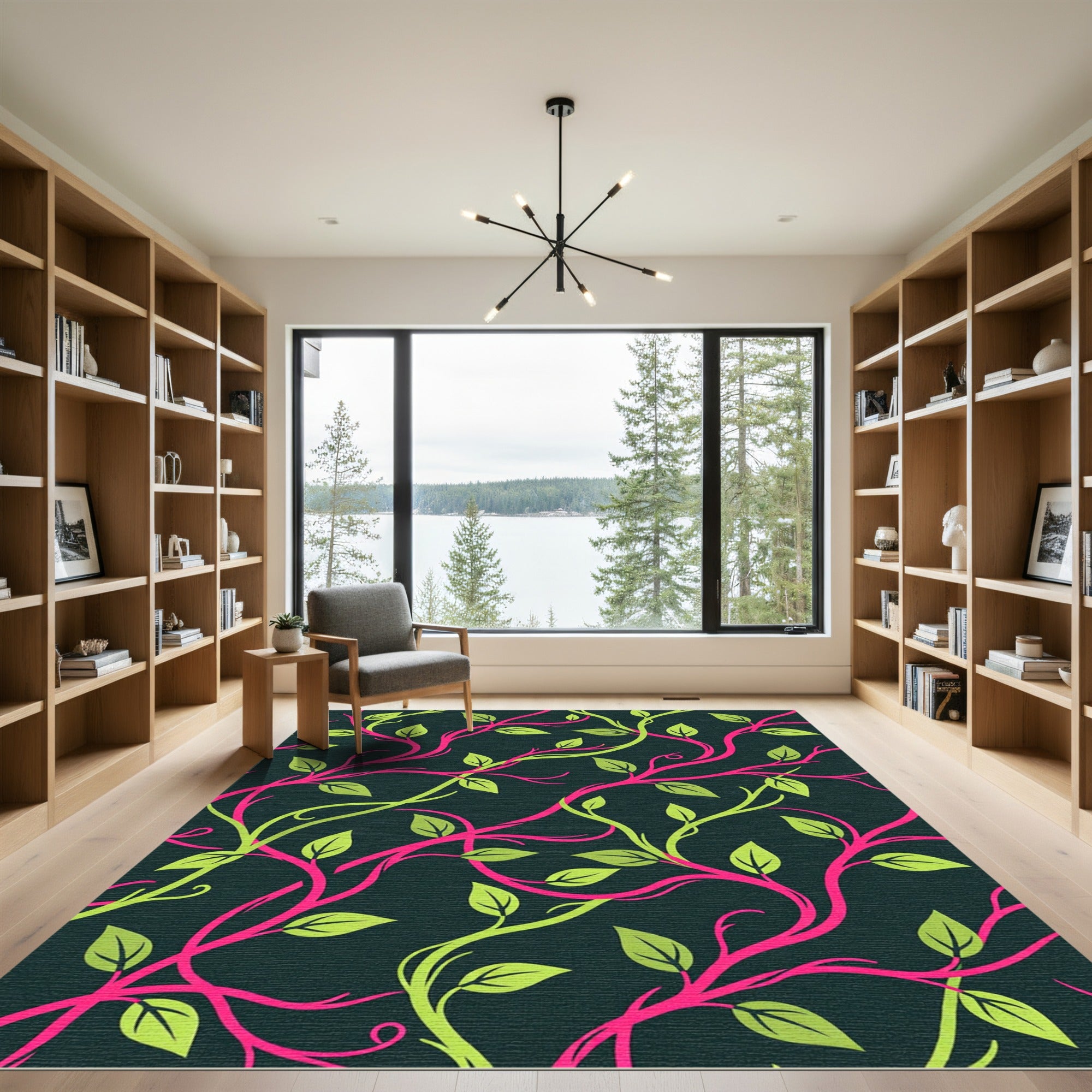 Vibrant Magenta and Lime Vine Foliage Rug