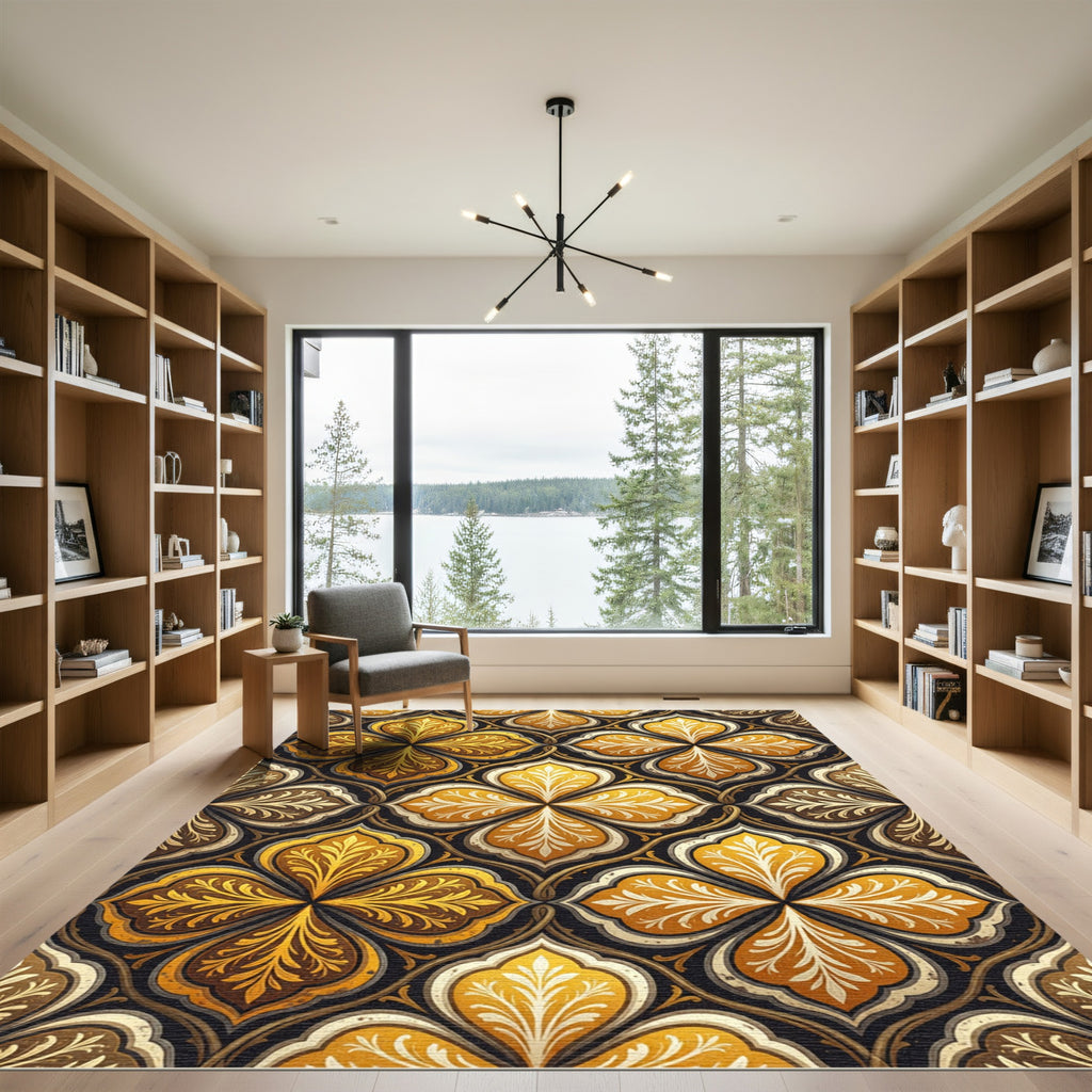 Golden Trellis Floral Damask Medallion Rug