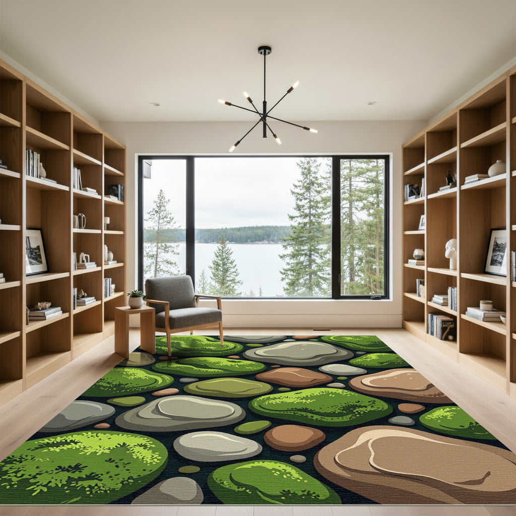 Green Mossy Pebbles Nature Composition Rug