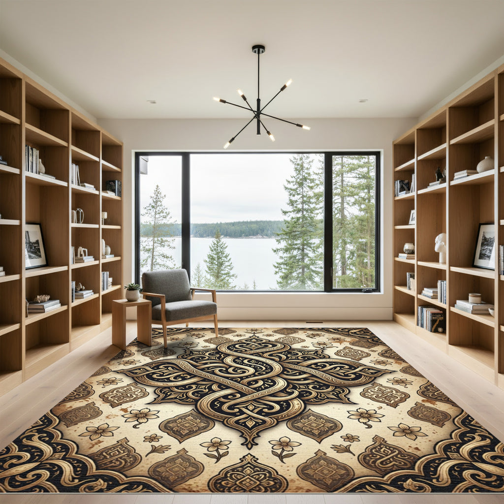 Ornate Golden Arabesque Scroll Medallion Rug