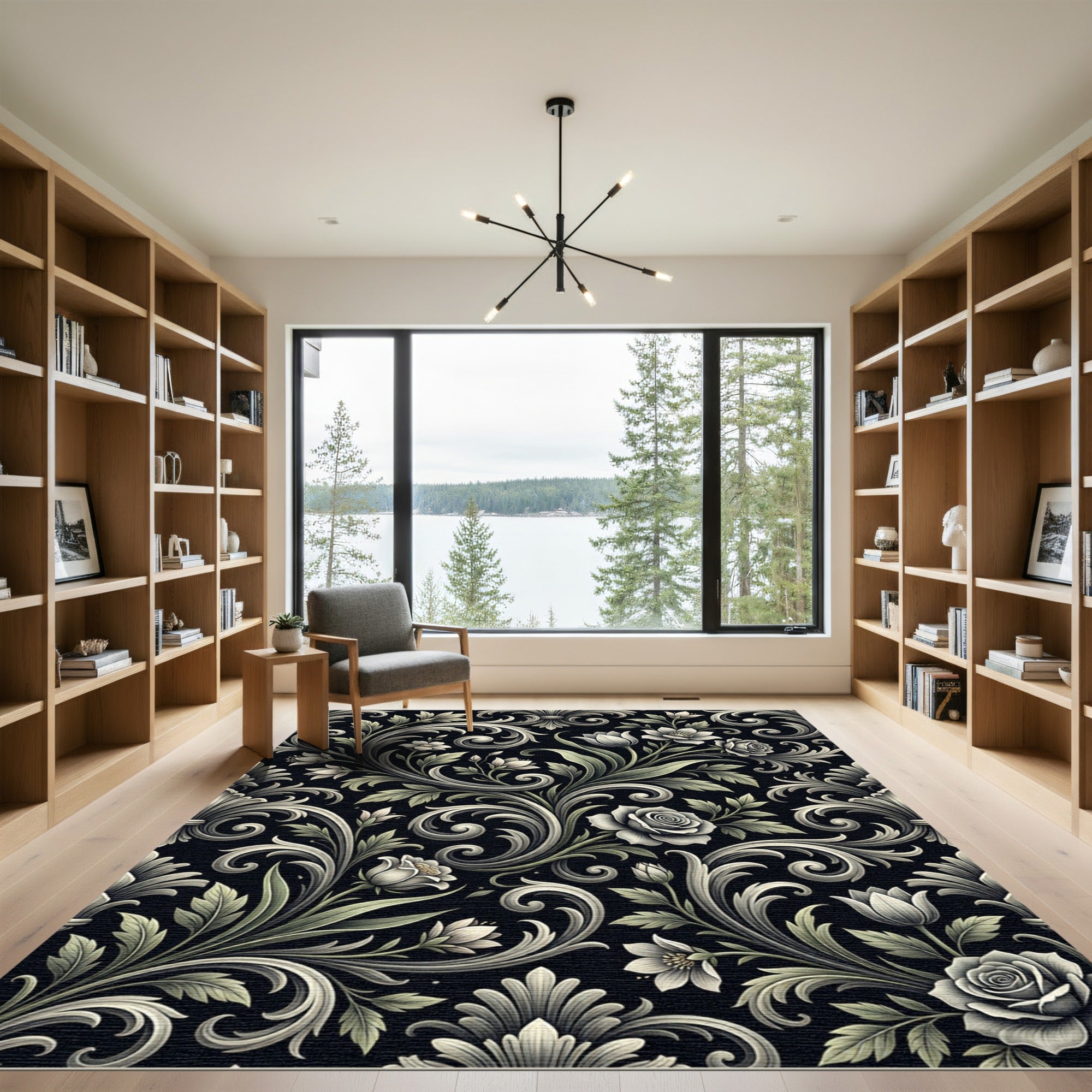 Ornate Floral Scrolls Black Background Rug
